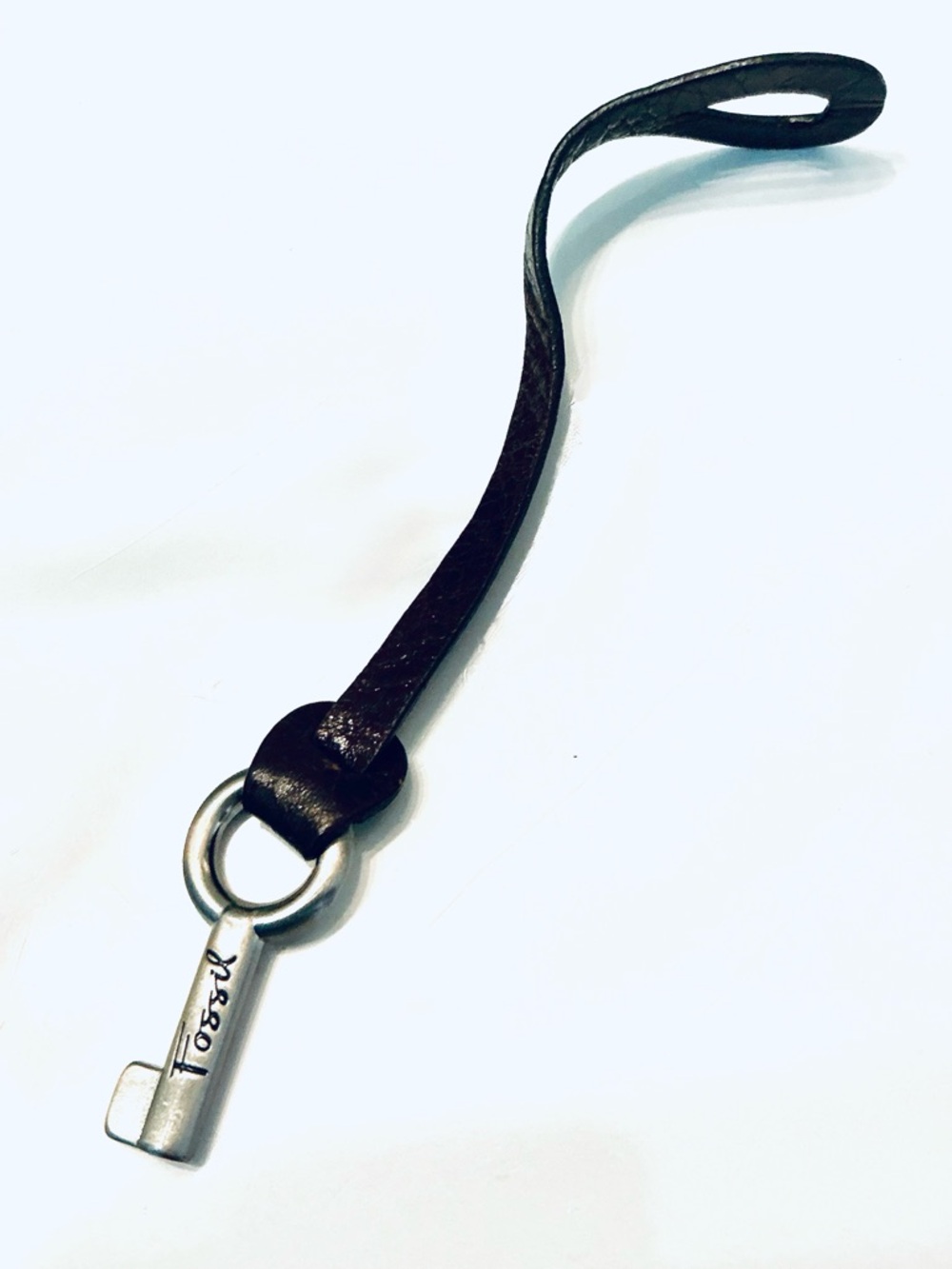 FOSSIL, Silver Key Charm with Leather Strap in Dark Brown